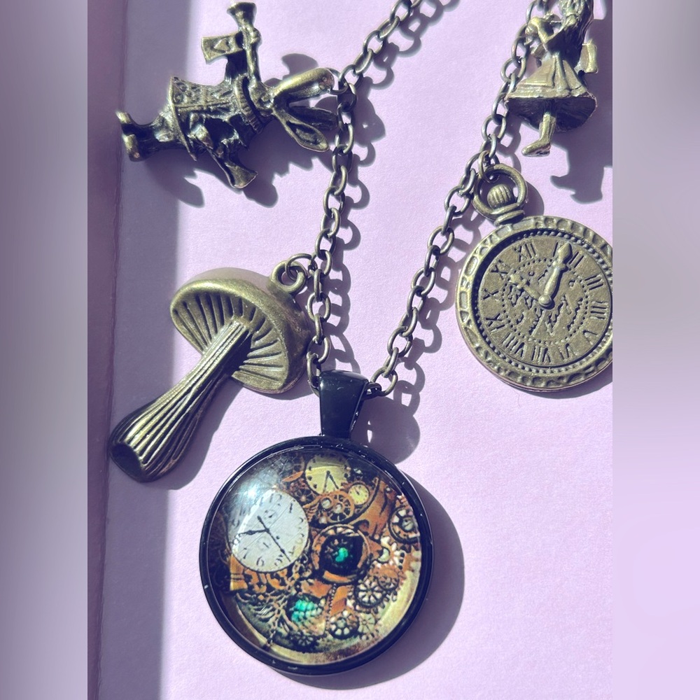 Necklace Alice in Wonderland bronze charms clocks black blue photo medallion 18”